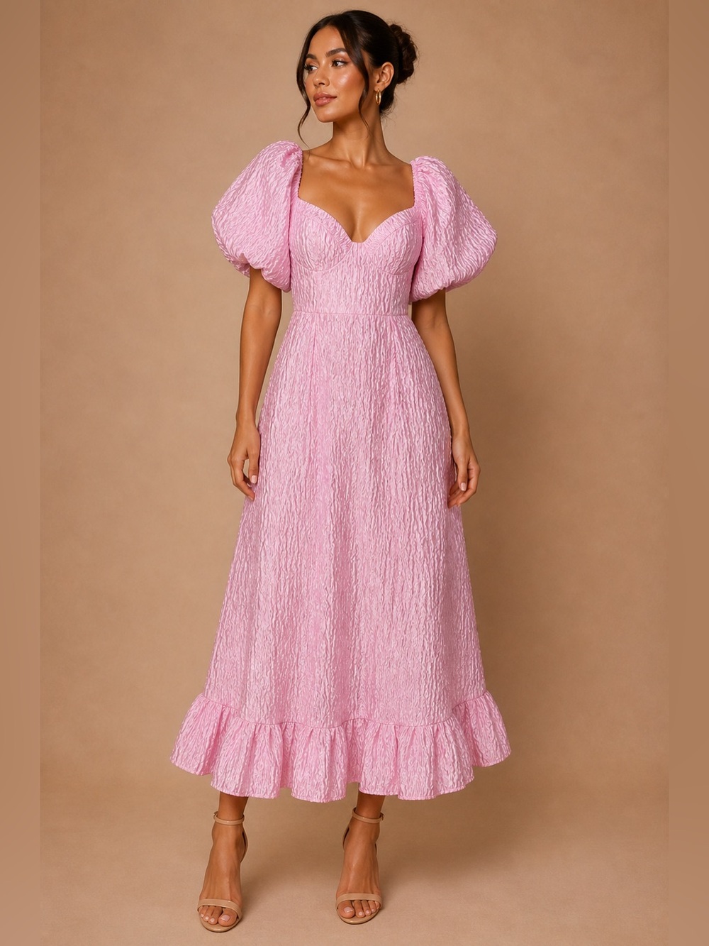 Puff-Sleeve Sweetheart Midi Dress in Blush Pink